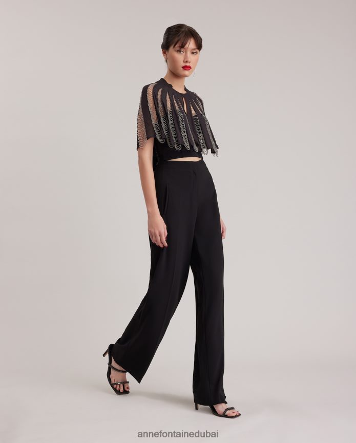 ملابس عبد اللطيف Anne Fontaine نحيف نيرا الرأس الحرير الرأس مع الديكور الفضة السوداء T622DL454