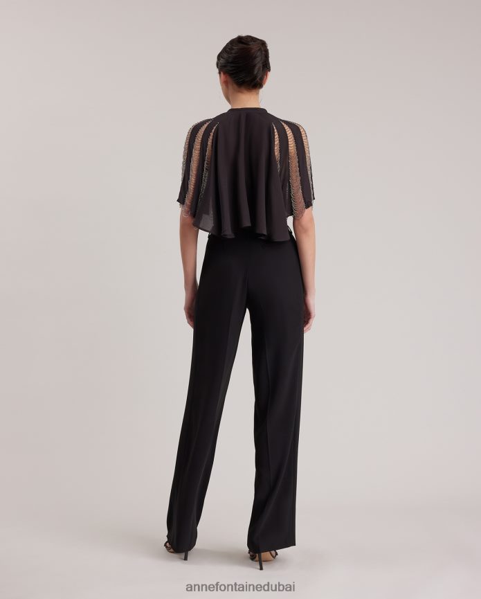 ملابس عبد اللطيف Anne Fontaine نحيف نيرا الرأس الحرير الرأس مع الديكور الفضة السوداء T622DL454