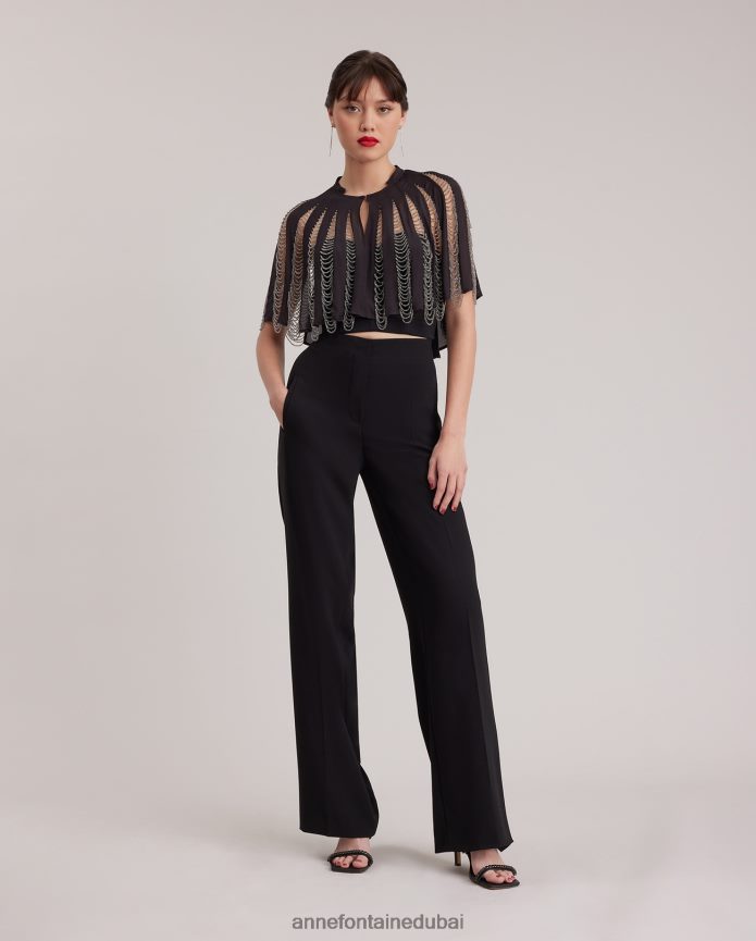 ملابس عبد اللطيف Anne Fontaine نحيف نيرا الرأس الحرير الرأس مع الديكور الفضة السوداء T622DL454