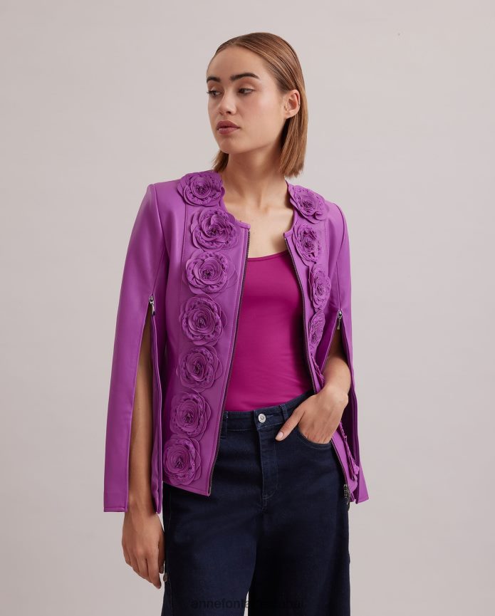 ملابس عبد اللطيف Anne Fontaine نحيف سترة لورينا سترة جلدية مع تفاصيل الأزهار أرجواني T622DL456