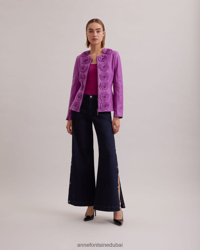 ملابس عبد اللطيف Anne Fontaine نحيف سترة لورينا سترة جلدية مع تفاصيل الأزهار أرجواني T622DL456
