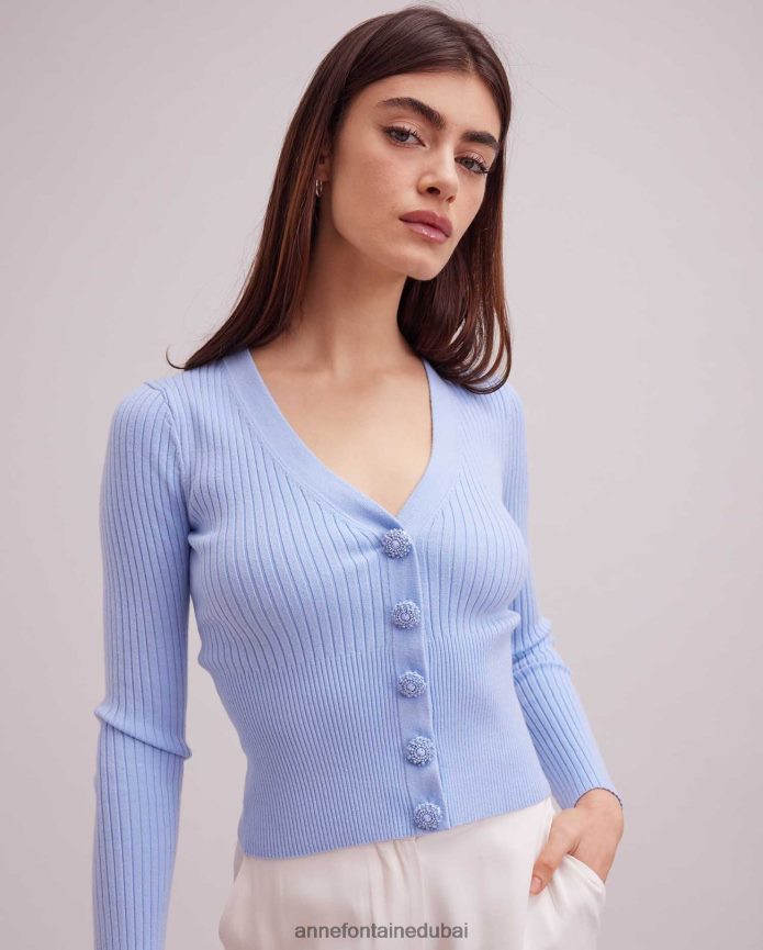 ملابس عبد اللطيف Anne Fontaine نحيف سترة صولفيج طويلة الأكمام سترة قصيرة أزرق فاتح T622DL463