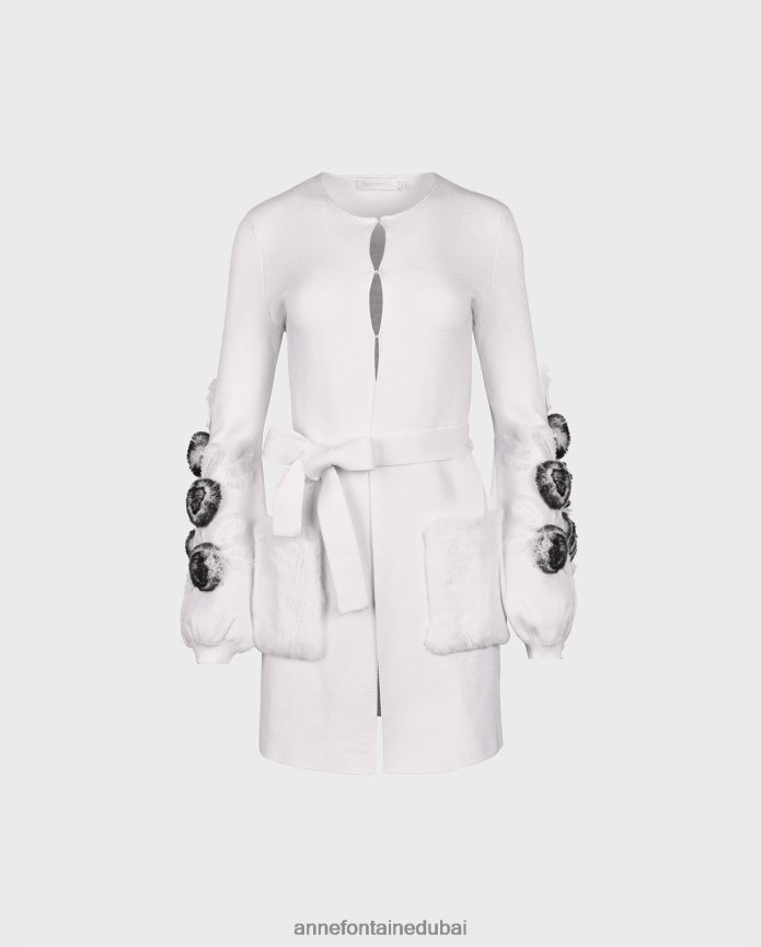 ملابس عبد اللطيف Anne Fontaine نحيف كارديجان شادا كارديجان منسوج بأكمام واسعة وتفاصيل زهور أبيض T622DL464
