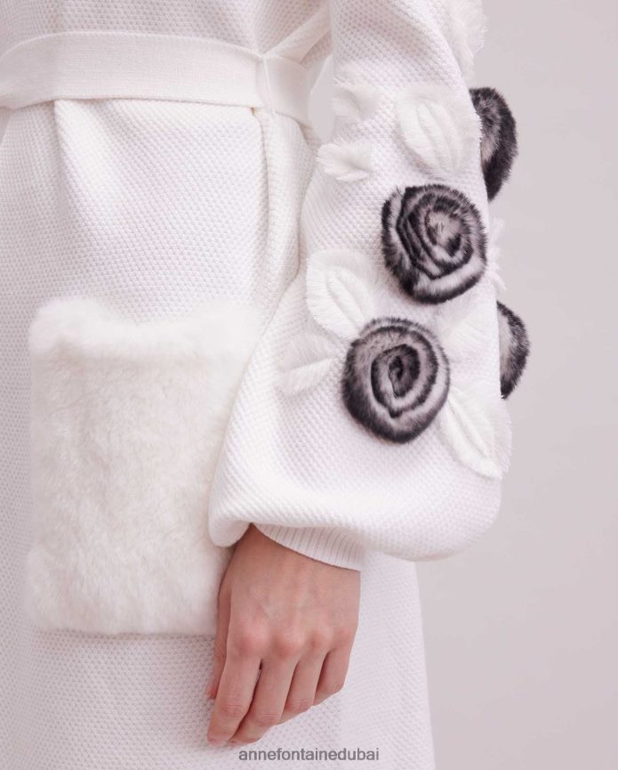 ملابس عبد اللطيف Anne Fontaine نحيف كارديجان شادا كارديجان منسوج بأكمام واسعة وتفاصيل زهور أبيض T622DL464