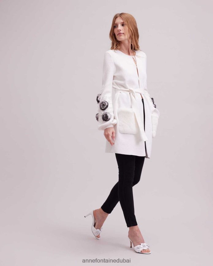 ملابس عبد اللطيف Anne Fontaine نحيف كارديجان شادا كارديجان منسوج بأكمام واسعة وتفاصيل زهور أبيض T622DL464