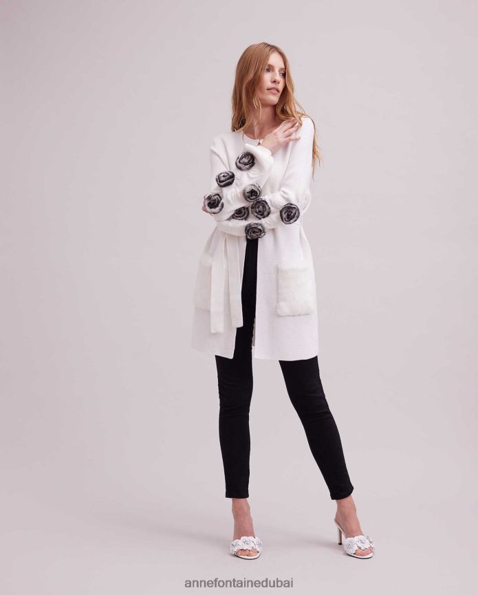 ملابس عبد اللطيف Anne Fontaine نحيف كارديجان شادا كارديجان منسوج بأكمام واسعة وتفاصيل زهور أبيض T622DL464