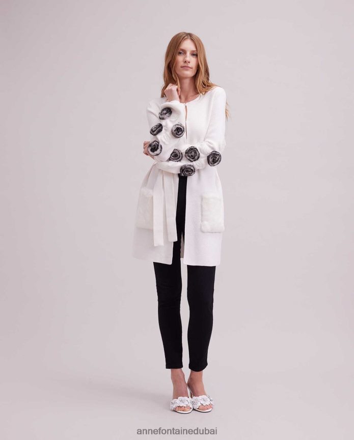 ملابس عبد اللطيف Anne Fontaine نحيف كارديجان شادا كارديجان منسوج بأكمام واسعة وتفاصيل زهور أبيض T622DL464