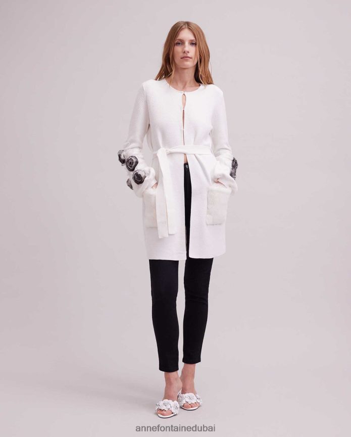 ملابس عبد اللطيف Anne Fontaine نحيف كارديجان شادا كارديجان منسوج بأكمام واسعة وتفاصيل زهور أبيض T622DL464