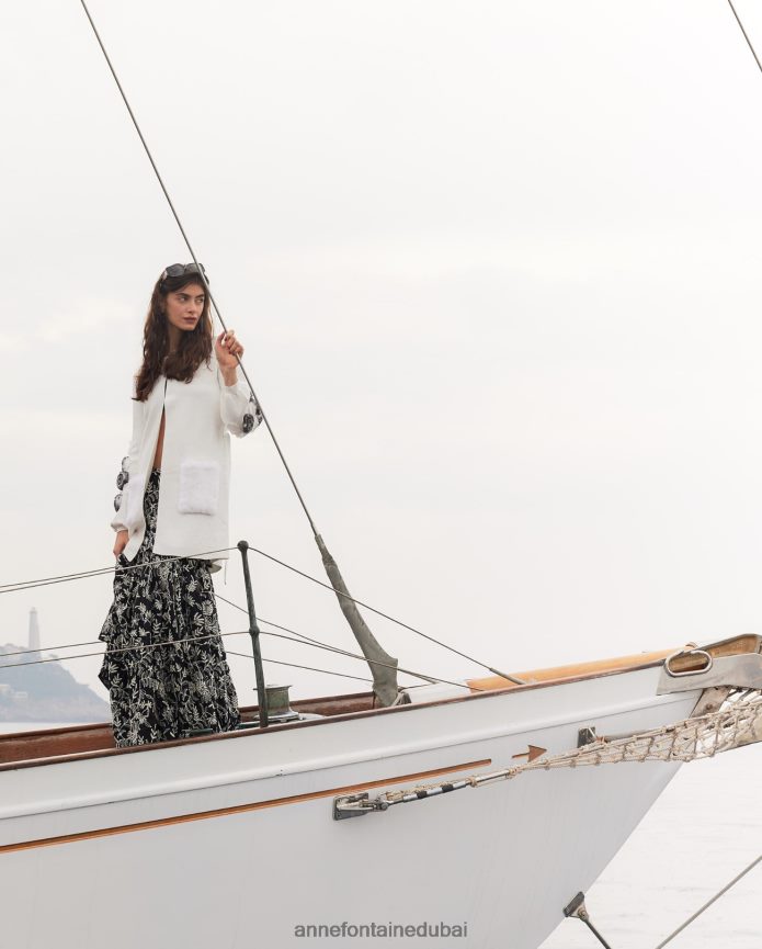 ملابس عبد اللطيف Anne Fontaine نحيف كارديجان شادا كارديجان منسوج بأكمام واسعة وتفاصيل زهور أبيض T622DL464