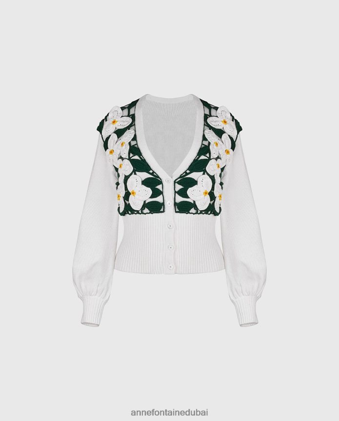 ملابس عبد اللطيف Anne Fontaine نحيف سترة كروشيه صوفية مع زهور وأوراق شجر أصفر / أبيض / أخضر T622DL466
