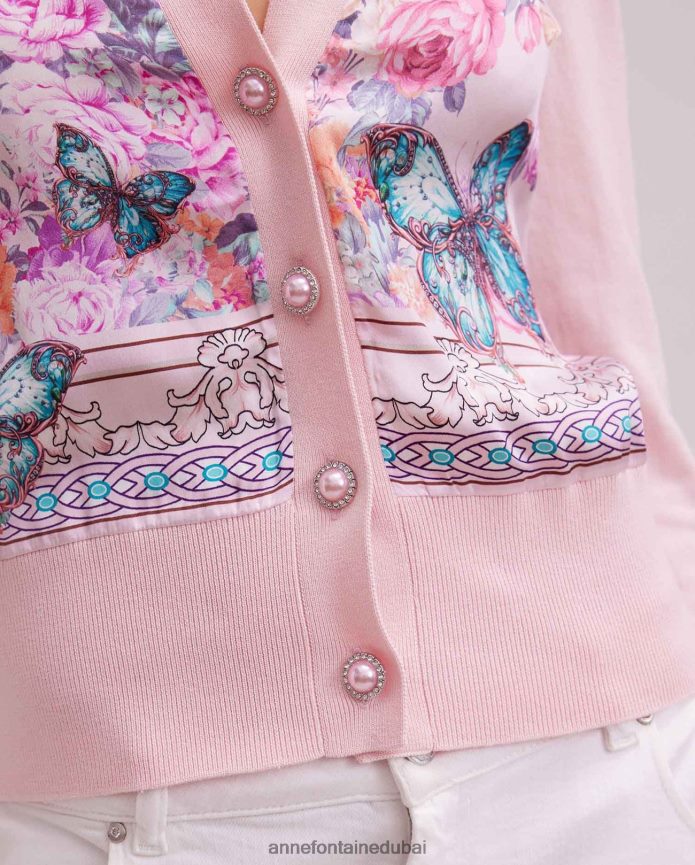 ملابس عبد اللطيف Anne Fontaine نحيف سترة زيليا كارديجان طويلة الأكمام بتصميم مطبوع على شكل فراشة لون القرنفل T622DL467