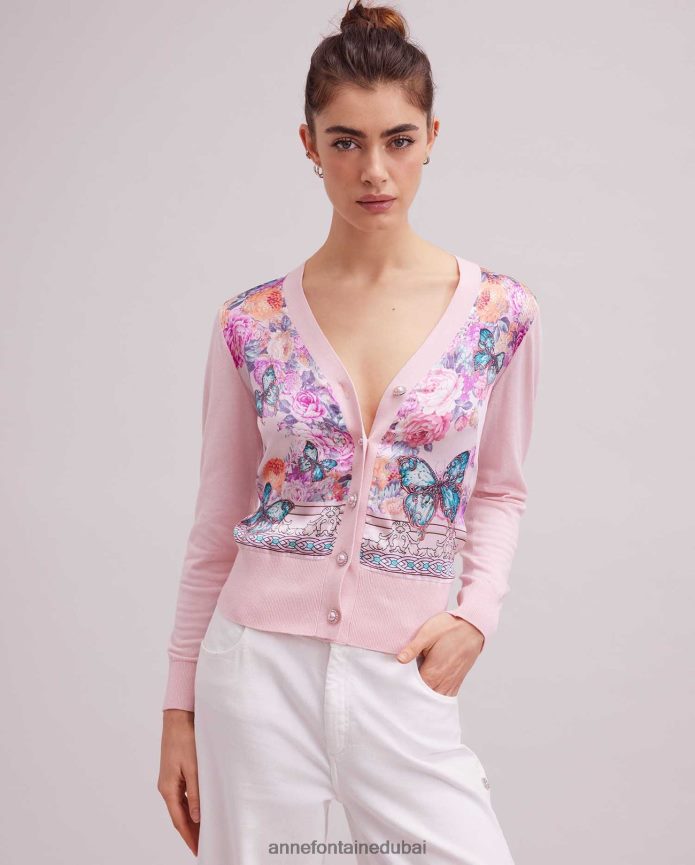 ملابس عبد اللطيف Anne Fontaine نحيف سترة زيليا كارديجان طويلة الأكمام بتصميم مطبوع على شكل فراشة لون القرنفل T622DL467