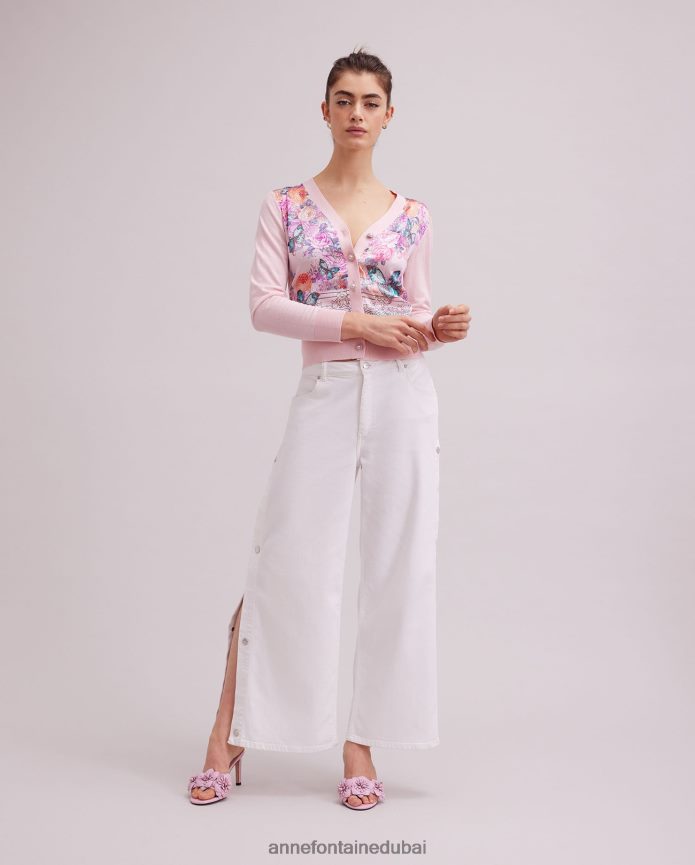 ملابس عبد اللطيف Anne Fontaine نحيف سترة زيليا كارديجان طويلة الأكمام بتصميم مطبوع على شكل فراشة لون القرنفل T622DL467