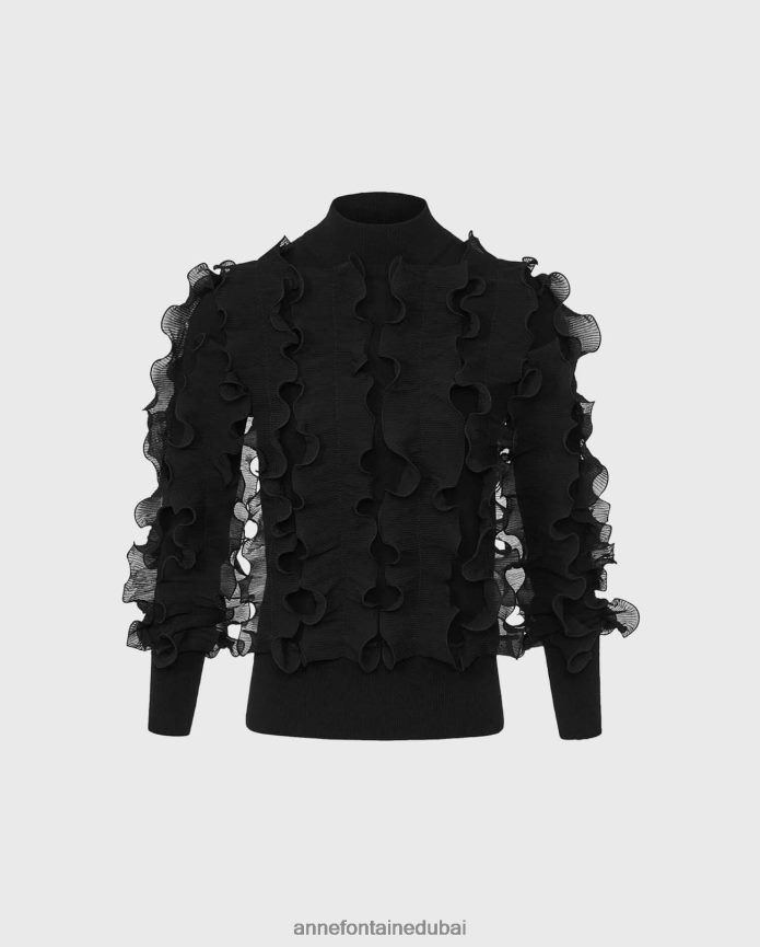 ملابس عبد اللطيف Anne Fontaine نحيف سترة سيدالين سترة طويلة الأكمام مع الكشكشة مطوي أسود T622DL470