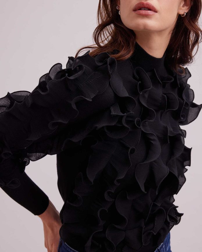 ملابس عبد اللطيف Anne Fontaine نحيف سترة سيدالين سترة طويلة الأكمام مع الكشكشة مطوي أسود T622DL470