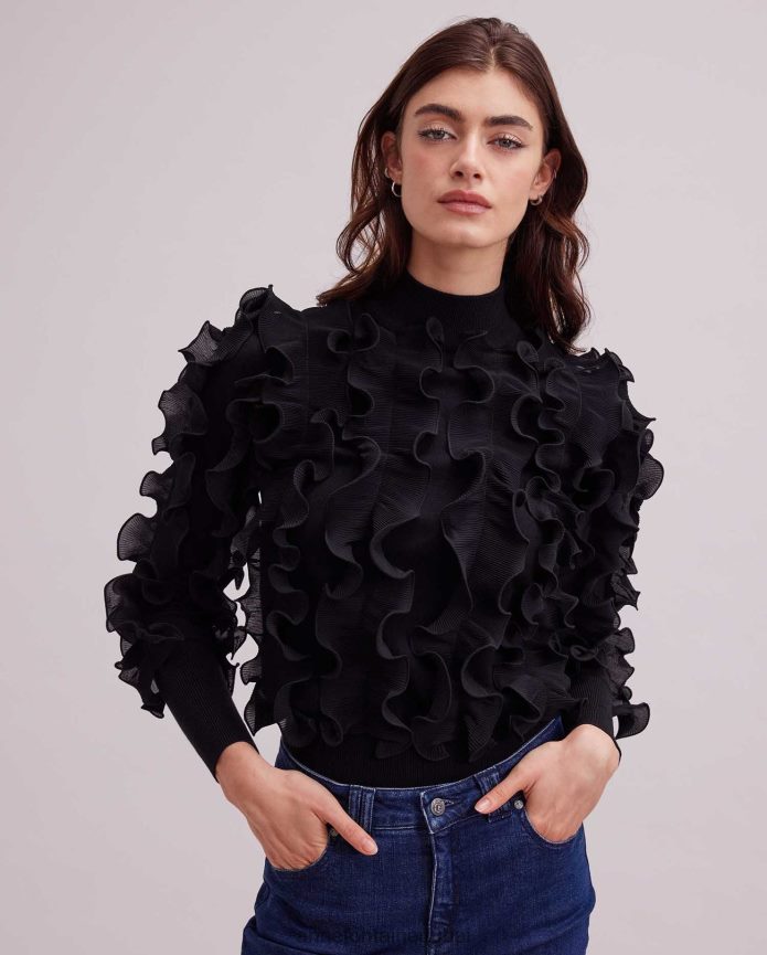 ملابس عبد اللطيف Anne Fontaine نحيف سترة سيدالين سترة طويلة الأكمام مع الكشكشة مطوي أسود T622DL470