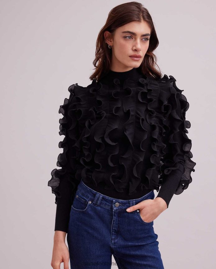 ملابس عبد اللطيف Anne Fontaine نحيف سترة سيدالين سترة طويلة الأكمام مع الكشكشة مطوي أسود T622DL470