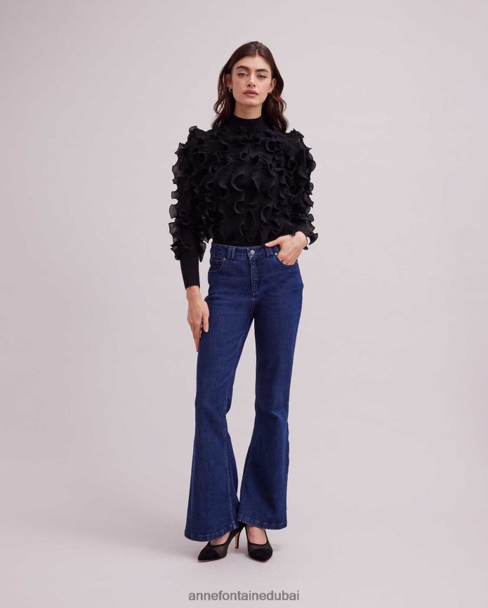 ملابس عبد اللطيف Anne Fontaine نحيف سترة سيدالين سترة طويلة الأكمام مع الكشكشة مطوي أسود T622DL470