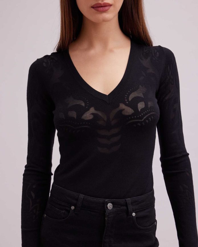 ملابس عبد اللطيف Anne Fontaine نحيف بلوزة لاروزا متماسكة بأكمام طويلة وتصميم شفاف أسود T622DL471