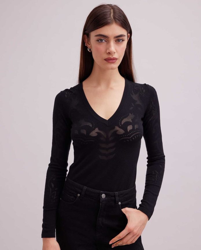 ملابس عبد اللطيف Anne Fontaine نحيف بلوزة لاروزا متماسكة بأكمام طويلة وتصميم شفاف أسود T622DL471