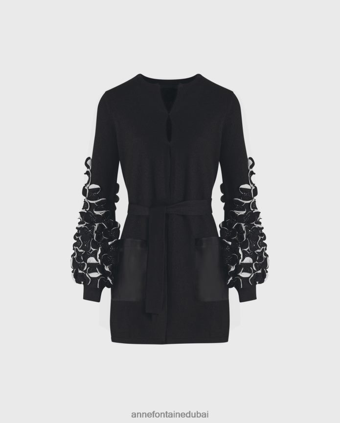 ملابس عبد اللطيف Anne Fontaine نحيف سترة لور محبوكة مع بتلات ثنائية اللون على الأكمام أسود/أبيض T622DL472
