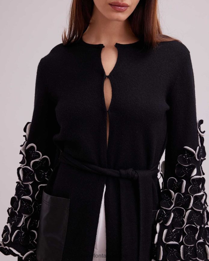 ملابس عبد اللطيف Anne Fontaine نحيف سترة لور محبوكة مع بتلات ثنائية اللون على الأكمام أسود/أبيض T622DL472