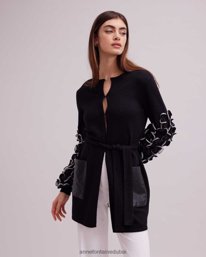 ملابس عبد اللطيف Anne Fontaine نحيف سترة لور محبوكة مع بتلات ثنائية اللون على الأكمام أسود/أبيض T622DL472