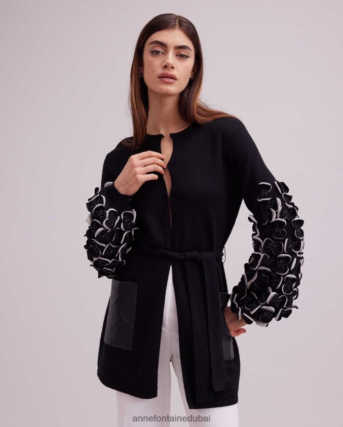 ملابس عبد اللطيف Anne Fontaine نحيف سترة لور محبوكة مع بتلات ثنائية اللون على الأكمام أسود/أبيض T622DL472