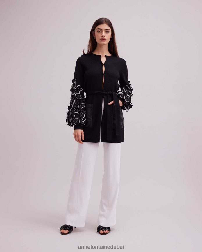 ملابس عبد اللطيف Anne Fontaine نحيف سترة لور محبوكة مع بتلات ثنائية اللون على الأكمام أسود/أبيض T622DL472