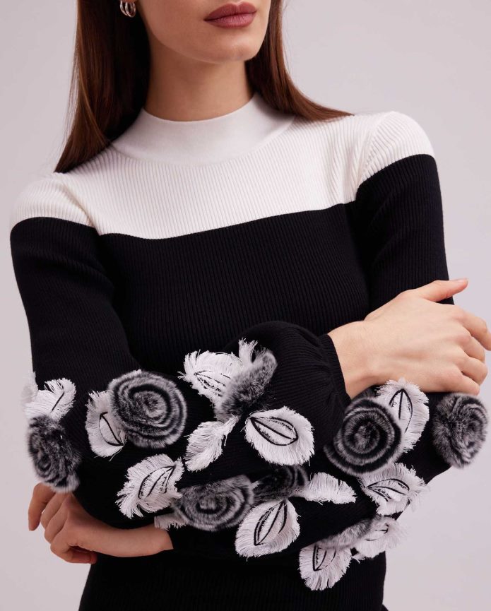 ملابس عبد اللطيف Anne Fontaine نحيف سترة كلارينيت متماسكة بأكمام طويلة مع تفاصيل زهور كبيرة الحجم أسود T622DL473