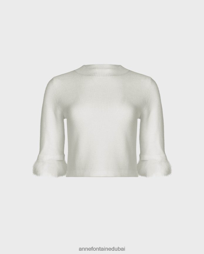 ملابس عبد اللطيف Anne Fontaine نحيف بلوفر بيكيت العلوي متماسك مع أكمام ريش قابلة للإزالة أبيض T622DL474