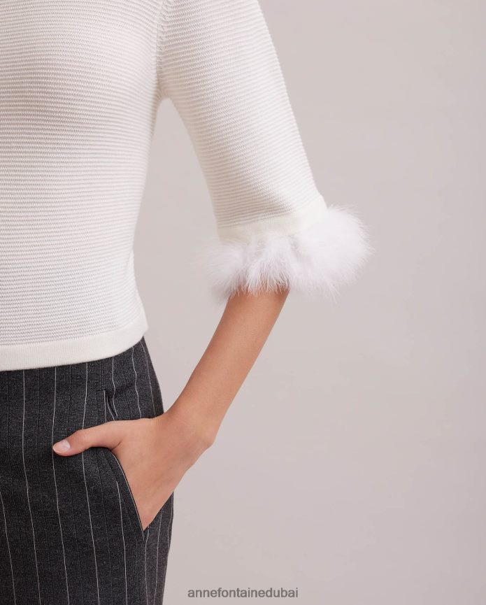 ملابس عبد اللطيف Anne Fontaine نحيف بلوفر بيكيت العلوي متماسك مع أكمام ريش قابلة للإزالة أبيض T622DL474