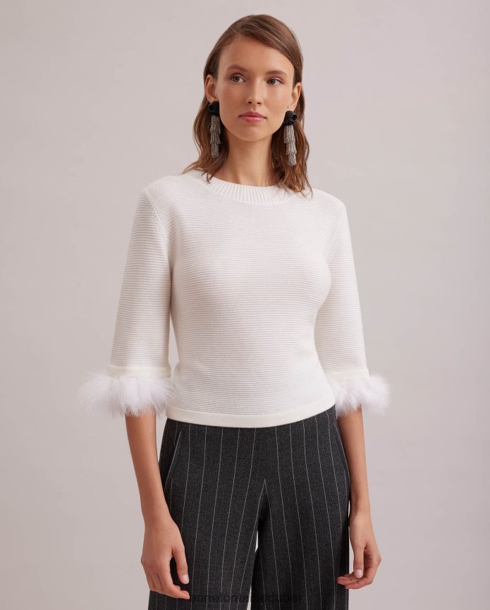 ملابس عبد اللطيف Anne Fontaine نحيف بلوفر بيكيت العلوي متماسك مع أكمام ريش قابلة للإزالة أبيض T622DL474