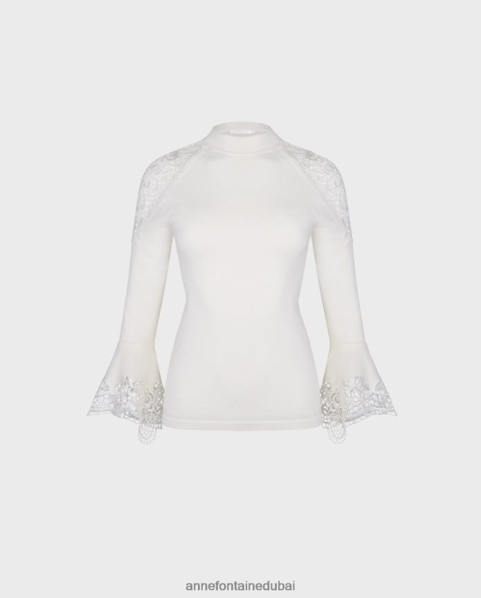 ملابس عبد اللطيف Anne Fontaine نحيف سترة فوزيا متماسكة مع تفاصيل من الدانتيل الزهري الشفاف القمر الأبيض T622DL475