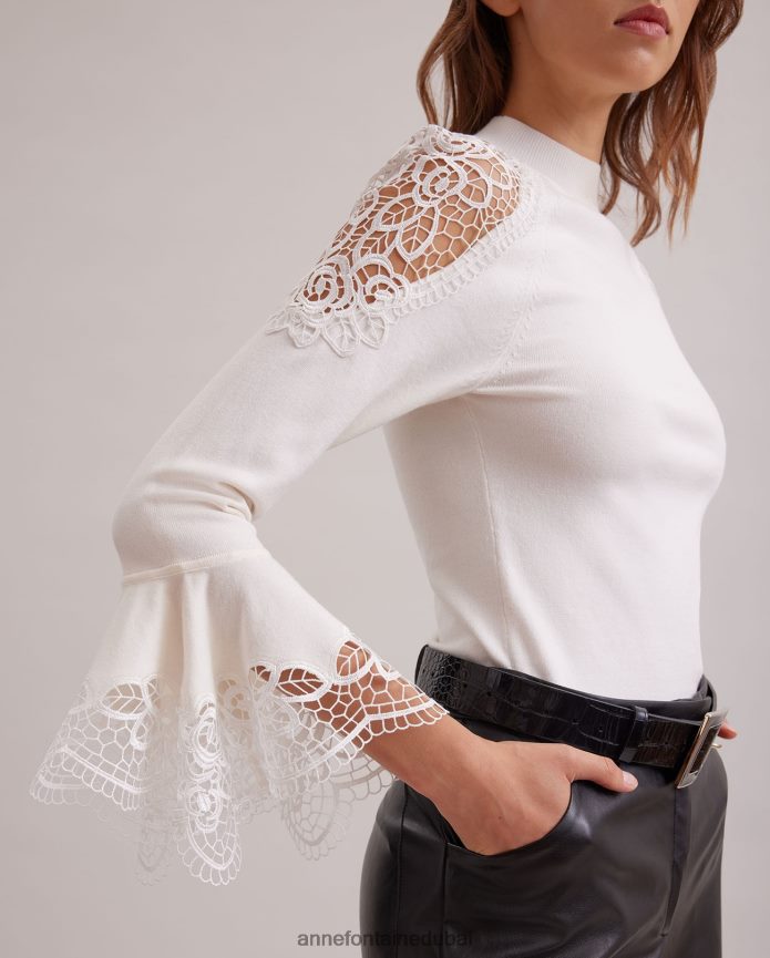 ملابس عبد اللطيف Anne Fontaine نحيف سترة فوزيا متماسكة مع تفاصيل من الدانتيل الزهري الشفاف القمر الأبيض T622DL475
