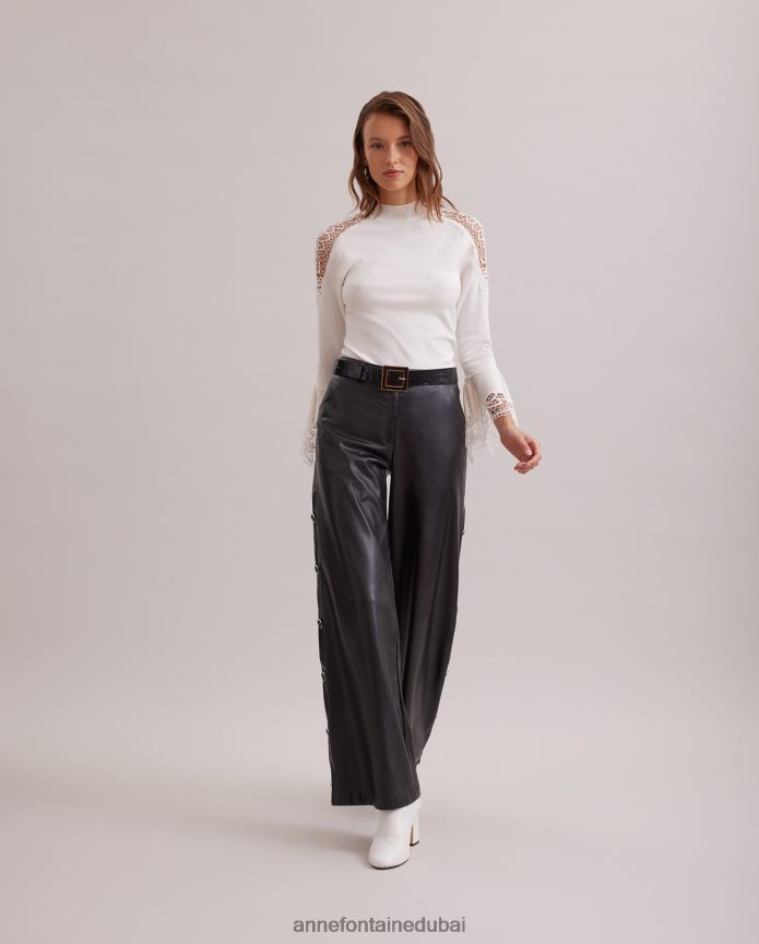 ملابس عبد اللطيف Anne Fontaine نحيف سترة فوزيا متماسكة مع تفاصيل من الدانتيل الزهري الشفاف القمر الأبيض T622DL475