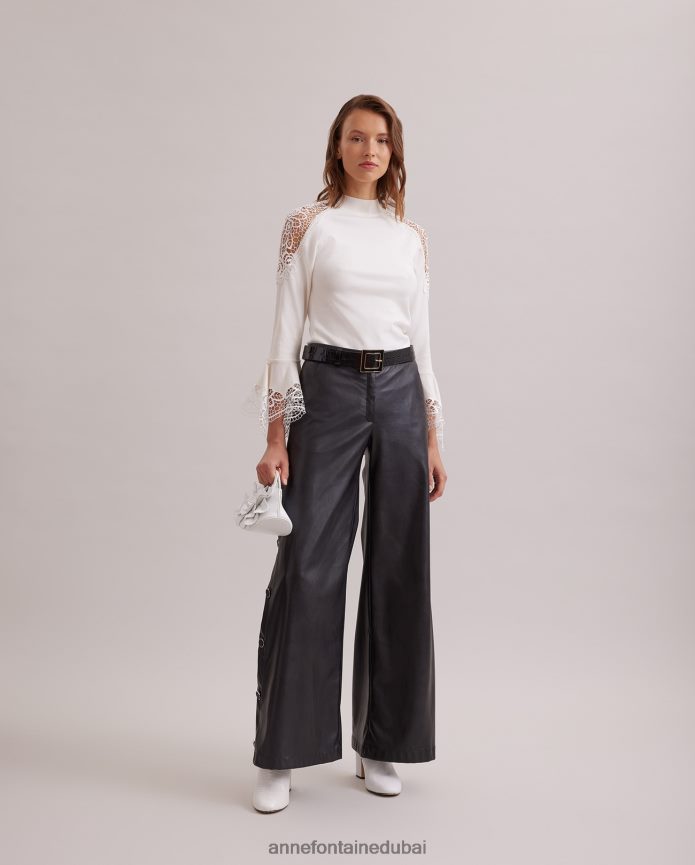 ملابس عبد اللطيف Anne Fontaine نحيف سترة فوزيا متماسكة مع تفاصيل من الدانتيل الزهري الشفاف القمر الأبيض T622DL475