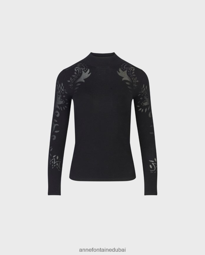 ملابس عبد اللطيف Anne Fontaine نحيف سترة علوية من قماش روزين ورقبة وهمية متماسكة رفيعة مع أنماط مجردة أسود T622DL479