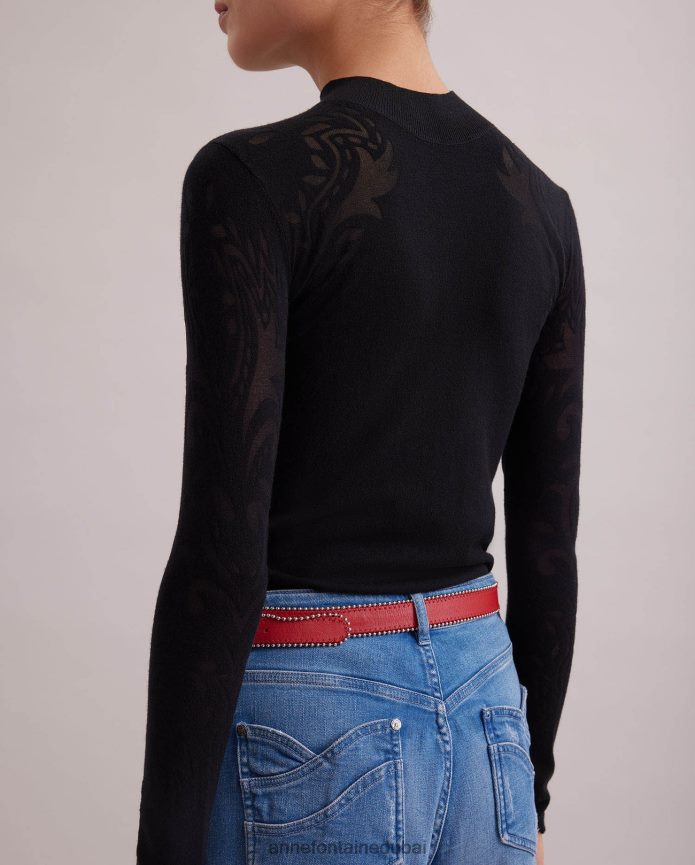 ملابس عبد اللطيف Anne Fontaine نحيف سترة علوية من قماش روزين ورقبة وهمية متماسكة رفيعة مع أنماط مجردة أسود T622DL479