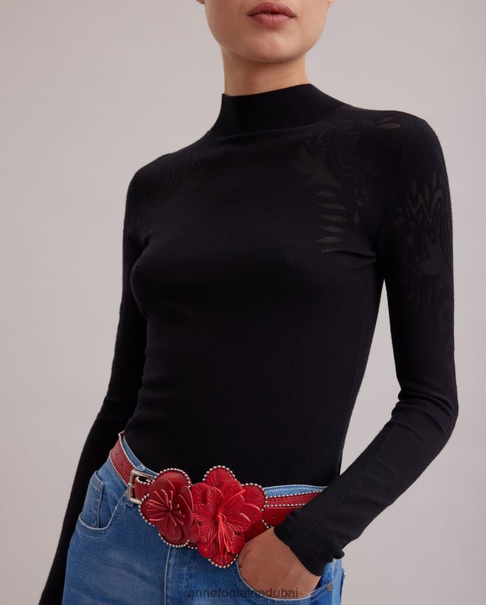 ملابس عبد اللطيف Anne Fontaine نحيف سترة علوية من قماش روزين ورقبة وهمية متماسكة رفيعة مع أنماط مجردة أسود T622DL479