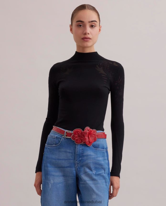 ملابس عبد اللطيف Anne Fontaine نحيف سترة علوية من قماش روزين ورقبة وهمية متماسكة رفيعة مع أنماط مجردة أسود T622DL479