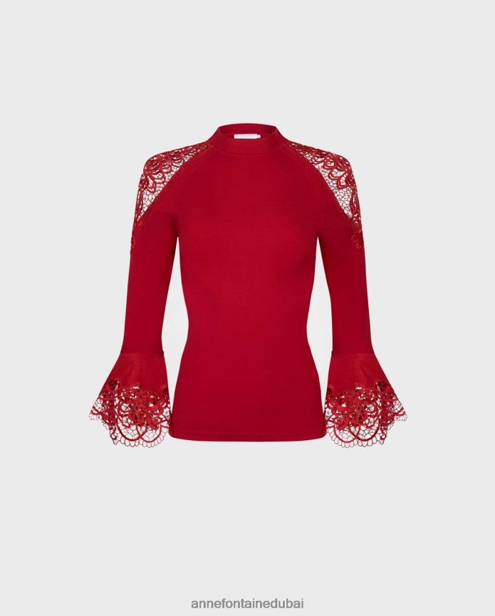 ملابس عبد اللطيف Anne Fontaine نحيف سترة فوزيا متماسكة مع تفاصيل من الدانتيل الزهري الشفاف التانغو الأحمر T622DL480
