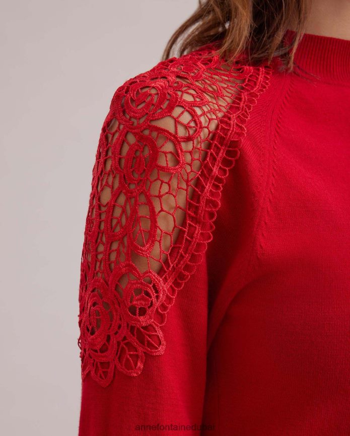 ملابس عبد اللطيف Anne Fontaine نحيف سترة فوزيا متماسكة مع تفاصيل من الدانتيل الزهري الشفاف التانغو الأحمر T622DL480