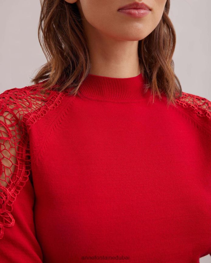 ملابس عبد اللطيف Anne Fontaine نحيف سترة فوزيا متماسكة مع تفاصيل من الدانتيل الزهري الشفاف التانغو الأحمر T622DL480