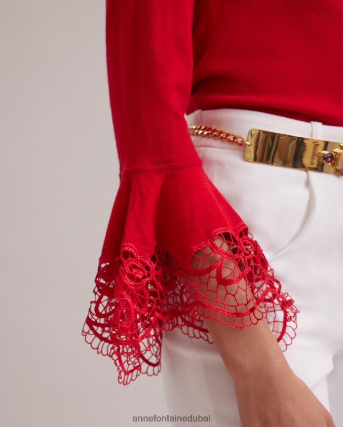ملابس عبد اللطيف Anne Fontaine نحيف سترة فوزيا متماسكة مع تفاصيل من الدانتيل الزهري الشفاف التانغو الأحمر T622DL480