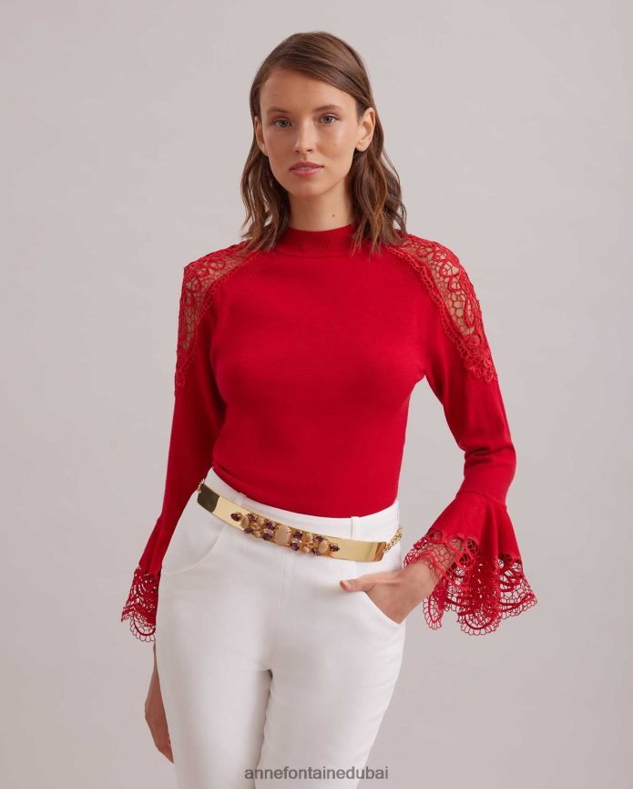 ملابس عبد اللطيف Anne Fontaine نحيف سترة فوزيا متماسكة مع تفاصيل من الدانتيل الزهري الشفاف التانغو الأحمر T622DL480