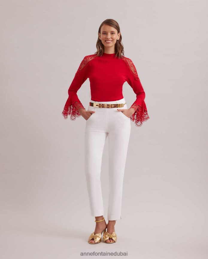 ملابس عبد اللطيف Anne Fontaine نحيف سترة فوزيا متماسكة مع تفاصيل من الدانتيل الزهري الشفاف التانغو الأحمر T622DL480