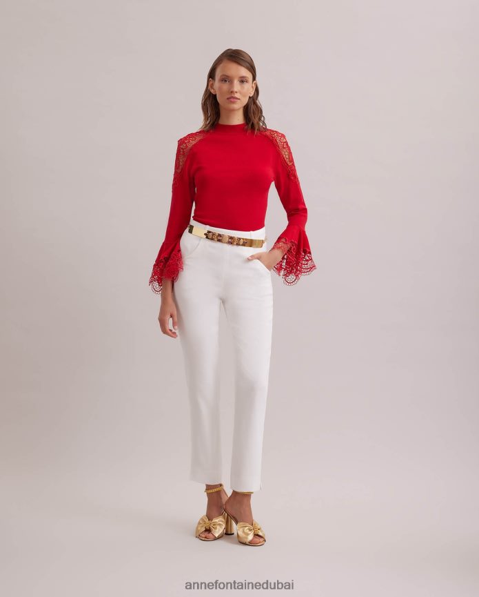 ملابس عبد اللطيف Anne Fontaine نحيف سترة فوزيا متماسكة مع تفاصيل من الدانتيل الزهري الشفاف التانغو الأحمر T622DL480