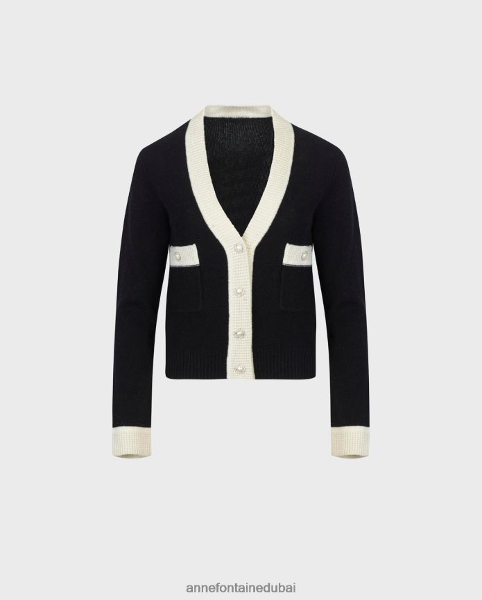 ملابس عبد اللطيف Anne Fontaine نحيف سترة صوفية قصيرة بأكمام طويلة من مزيج الصوف أسود T622DL481