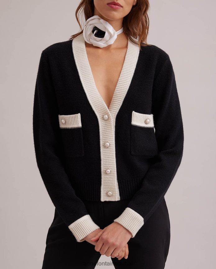 ملابس عبد اللطيف Anne Fontaine نحيف سترة صوفية قصيرة بأكمام طويلة من مزيج الصوف أسود T622DL481